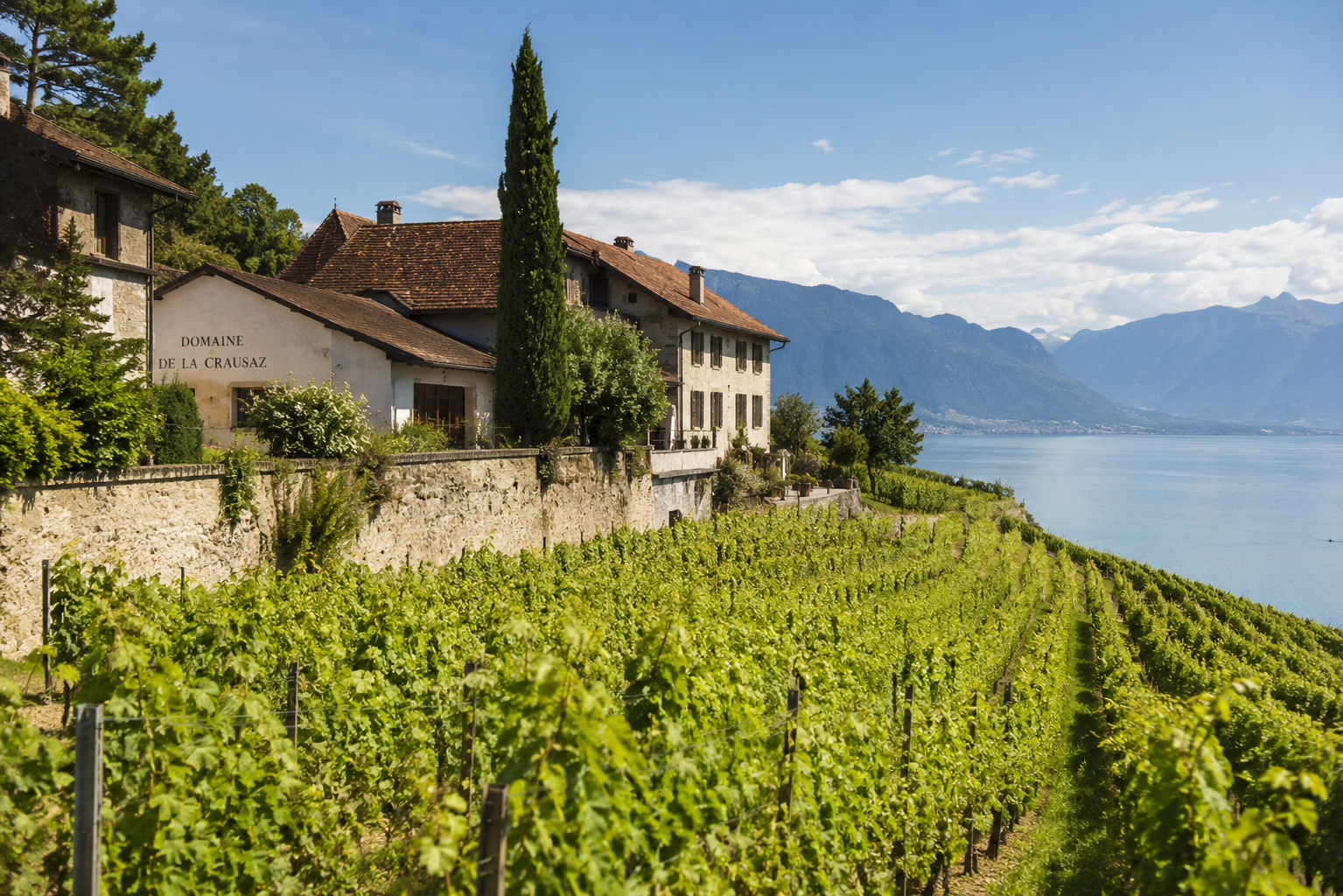 Vignoble en terrasse avec vue sur le lac.